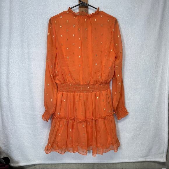 NSR Peach & Gold Metallic Dot Ruffle Long Sleeve Peasant Dress Size L - Picture 6 of 10